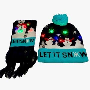 NWOT Christmas Gift Winter Hat Beanie Scarf LED Lights Let It‎ Snow Snowman Kids